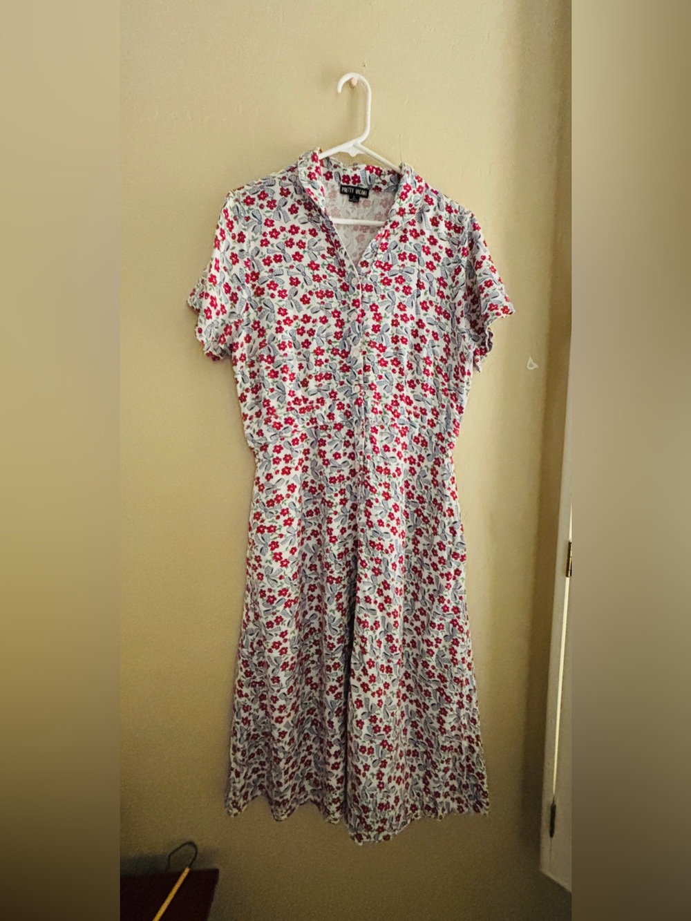 Pretty Vacant Red Floral & Blue Bow Novelty Print Midi Dress ~ Women’s Size 12